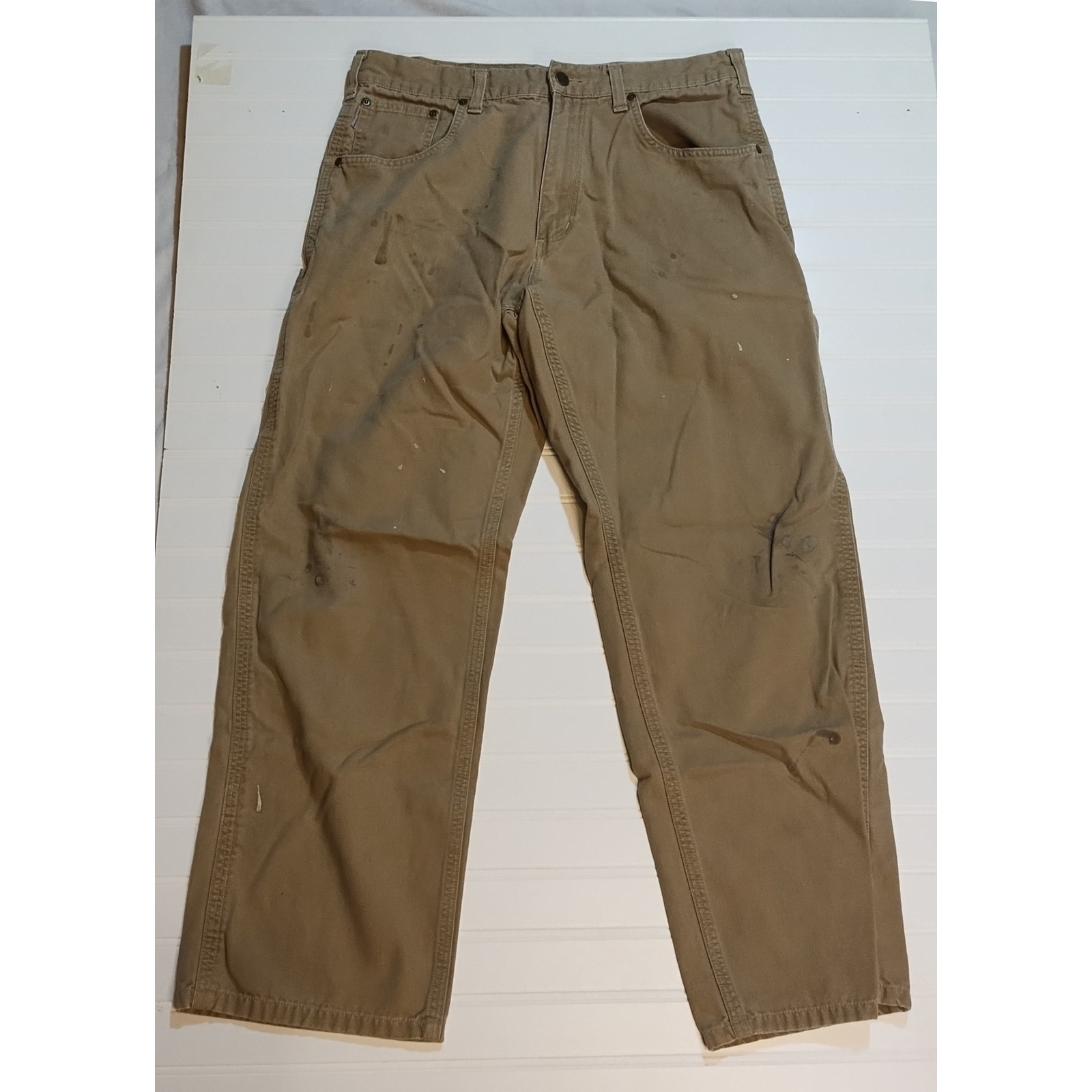 Carhartt Loose Fit Work Pants Khaki Canvas Mens 34x30 Utility Workwear Distress